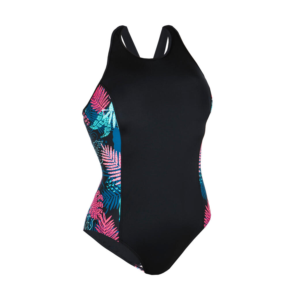 Vestido de baño enterizo de natación para Mujer Nabaiji 100 negro estampado