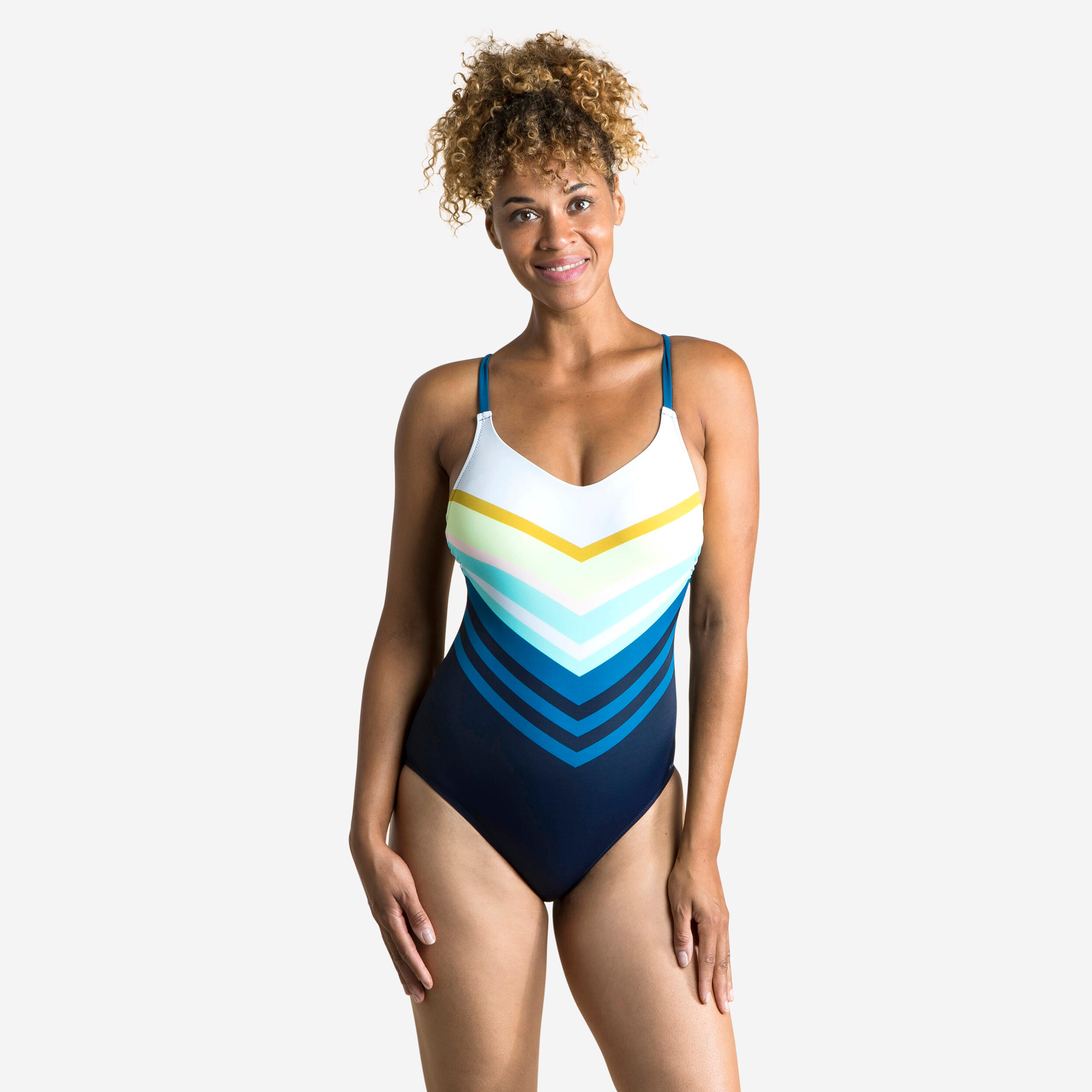 Women One-Piece Swimsuit – Kamiye+ 500 Blue/Green - Dark blue, Fluo lime  yellow - Nabaiji - Decathlon