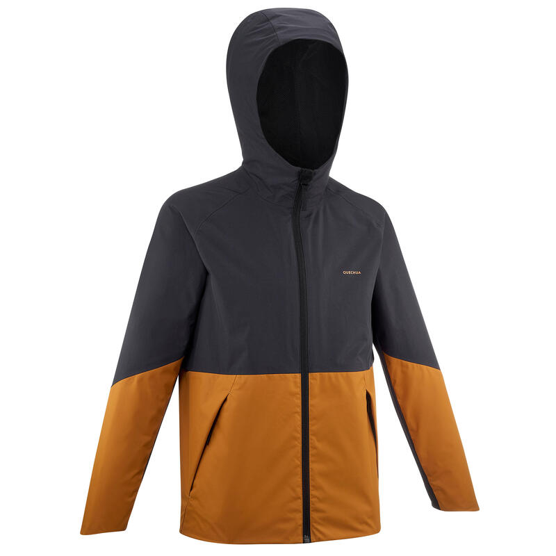 Gyerek kabát túrázáshoz MH500, vízhatlan, 7-15 éveseknek, szürke, okkersárga