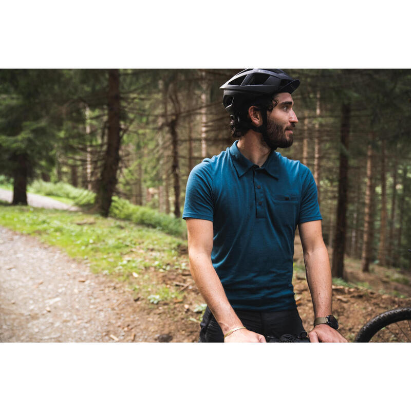 Polo laine Mérinos maillot vélo cycliste gravel et voyage Bleu Cèdre