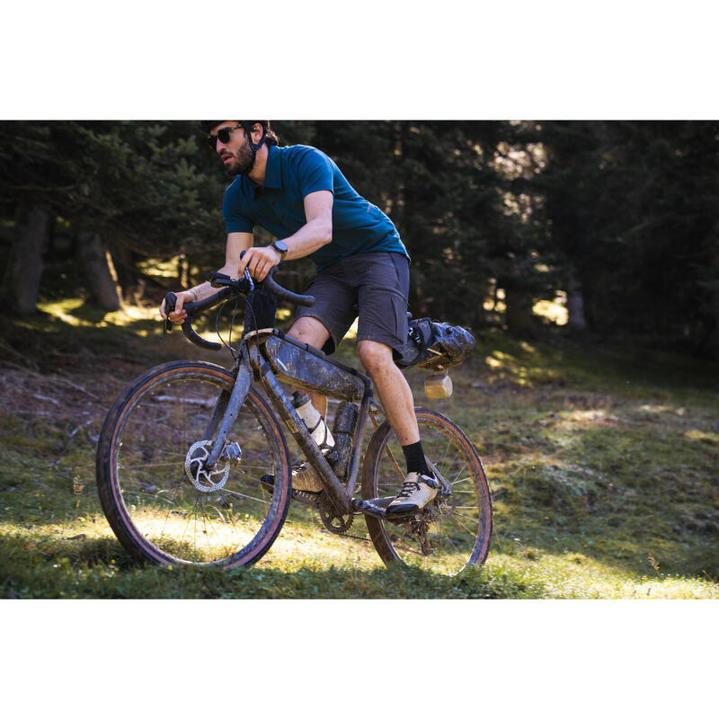 Polo voor gravelbiken bikepacking merinowol cederblauw