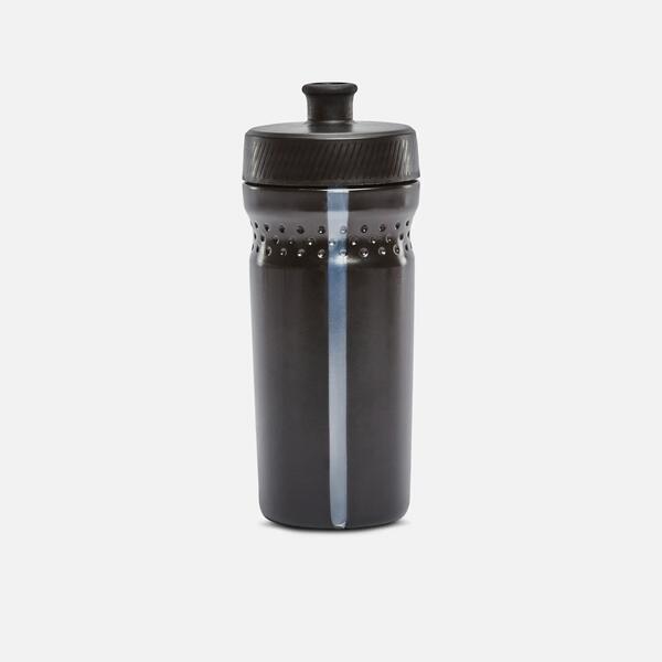 Black and grey kids' water bottle with a pull cap