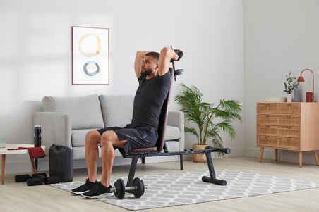 Robust and compact fold-down incline weight bench with leg bar