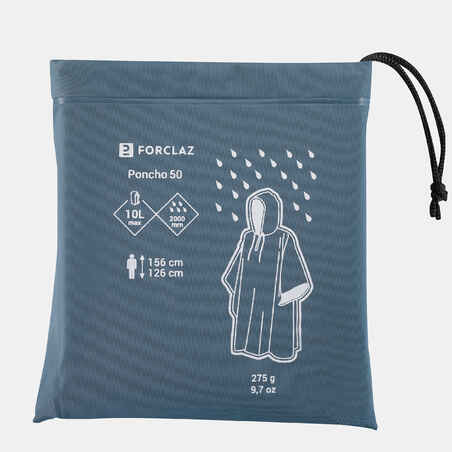 Adult Hiking Rain Poncho 50 - 10 L - turquoise