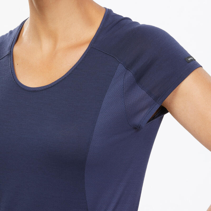 T-shirt de trek manches courtes en laine mérinos - MT500 bleu marine - Femme