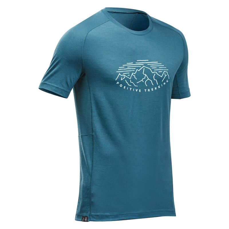 Camiseta trekking manga corta lana merina estampado Hombre - MT500 azul