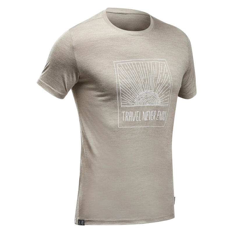 T-shirt lã merino de trekking viagem - TRAVEL 100 Homem Café Esbatido