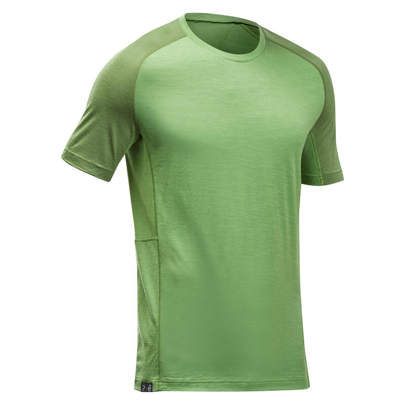 Camiseta trekking manga corta lana merina Hombre - MT500 verde