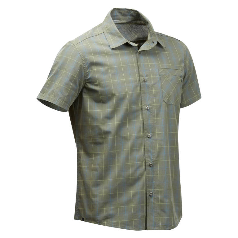 Men’s travel trekking shirt TRAVEL 100 plaid, short sleeved, khaki