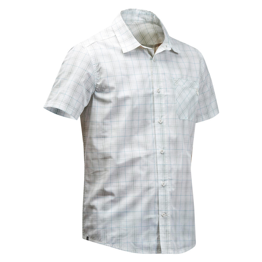 Men’s Short-sleeve Check Travel Trekking Shirt TRAVEL 100 - White 