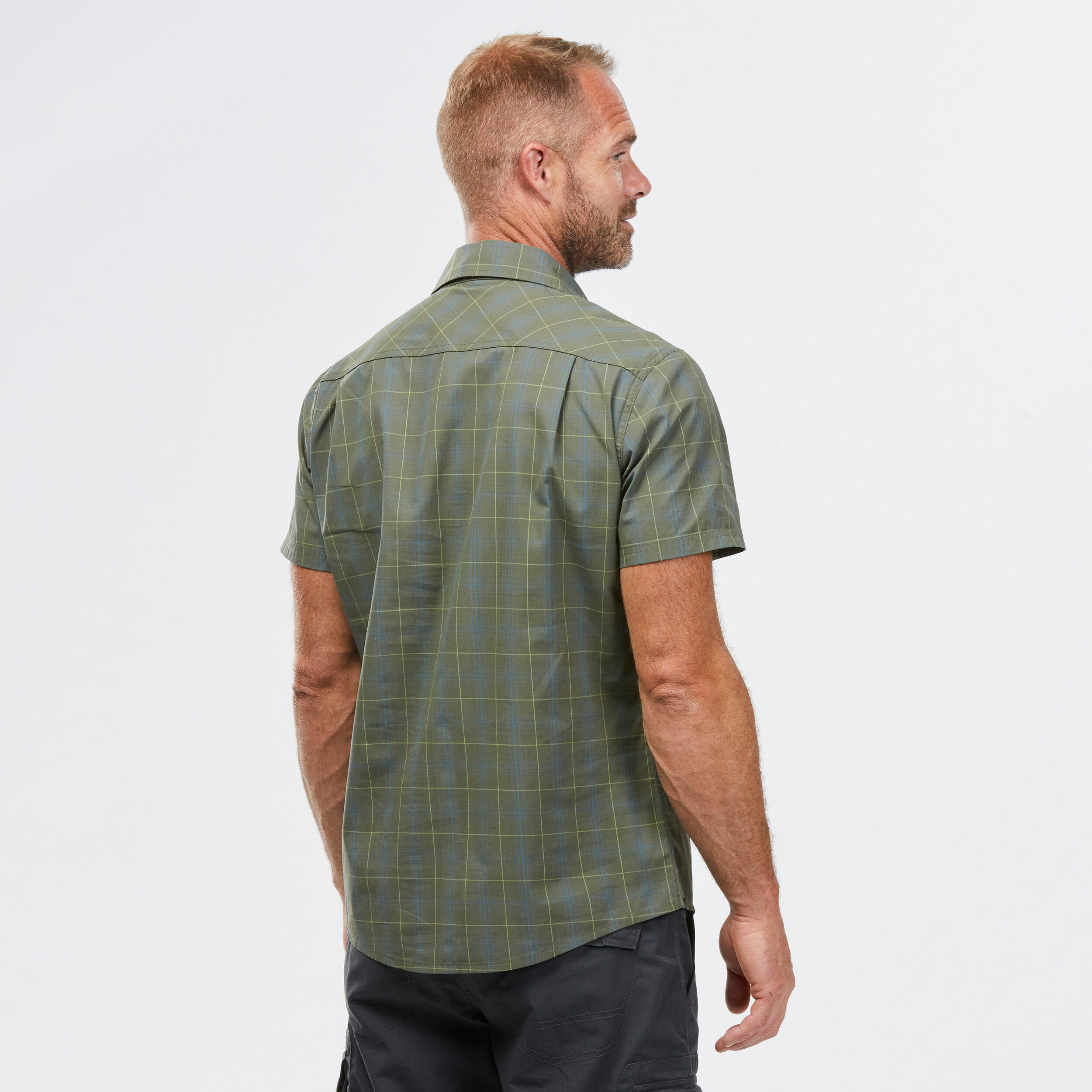 Men Checked Half Sleeve Cotton Shirt Green - Travel 100