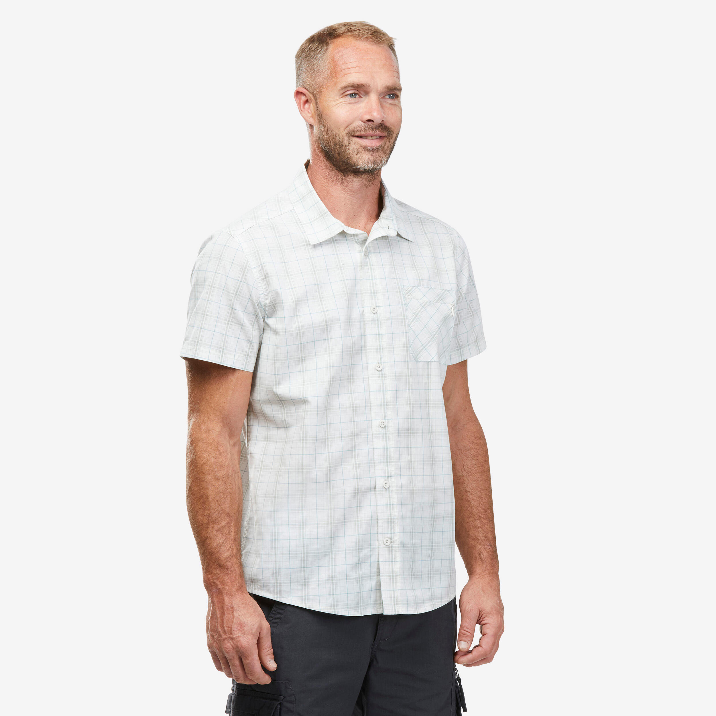 Men’s Short-sleeve Check Travel Trekking Shirt TRAVEL 100 - White  1/6