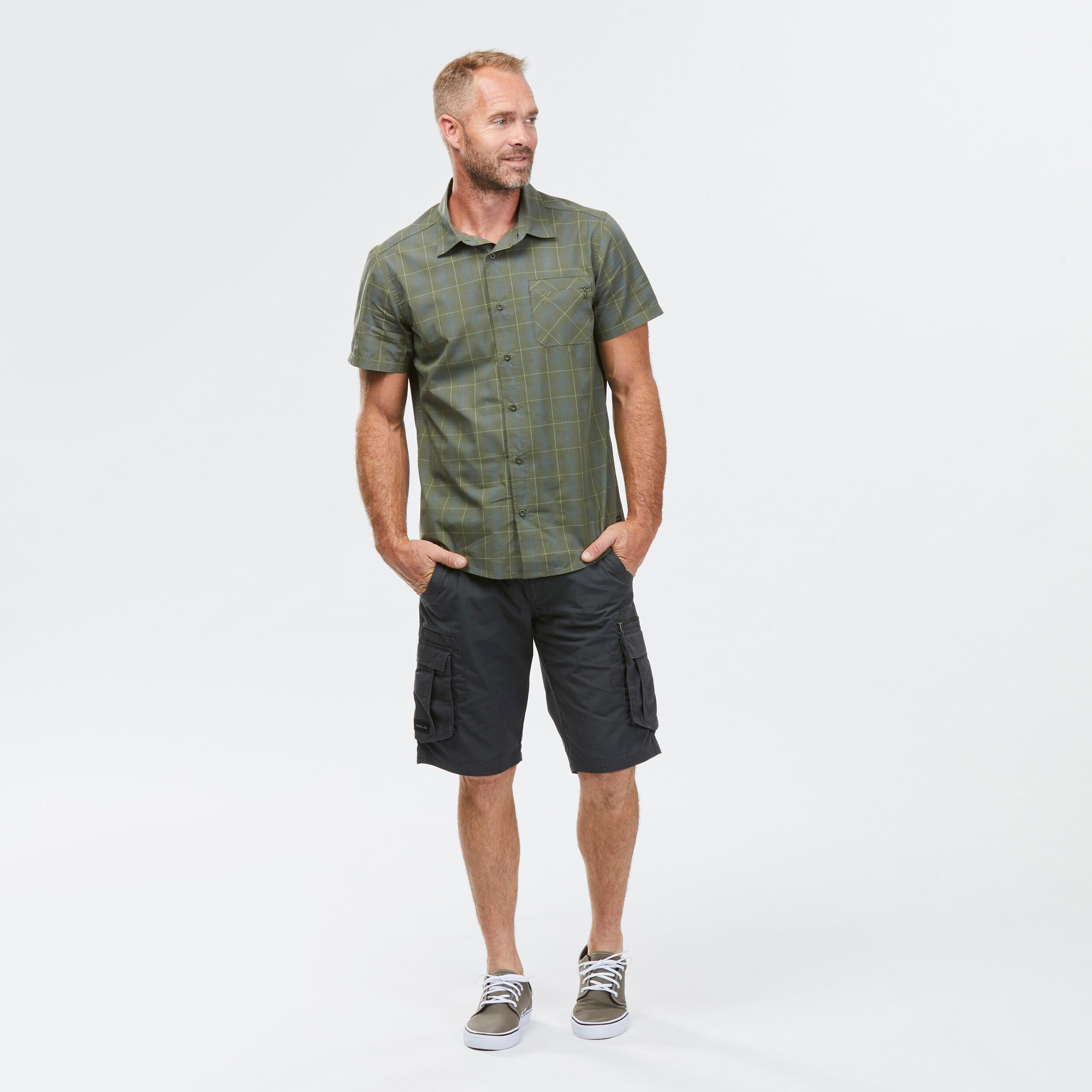 Men Checked Half Sleeve Cotton Shirt Green - Travel 100