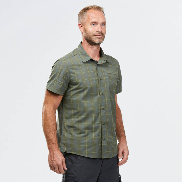 Men Checked Half Sleeve Cotton Shirt Green - Travel 100