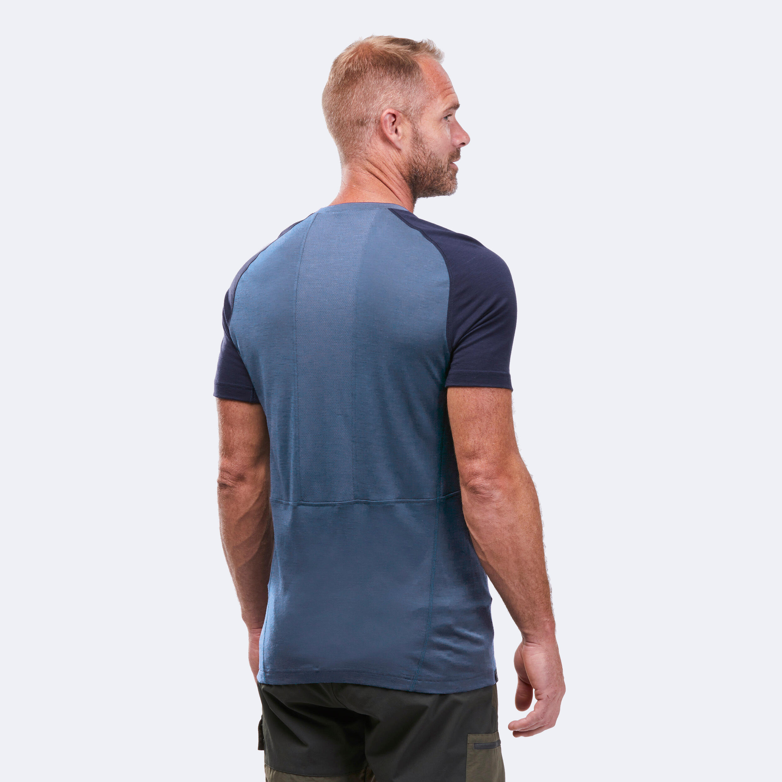 Men's Hiking Merino Wool T-Shirt - MT 500 Blue - Whale grey