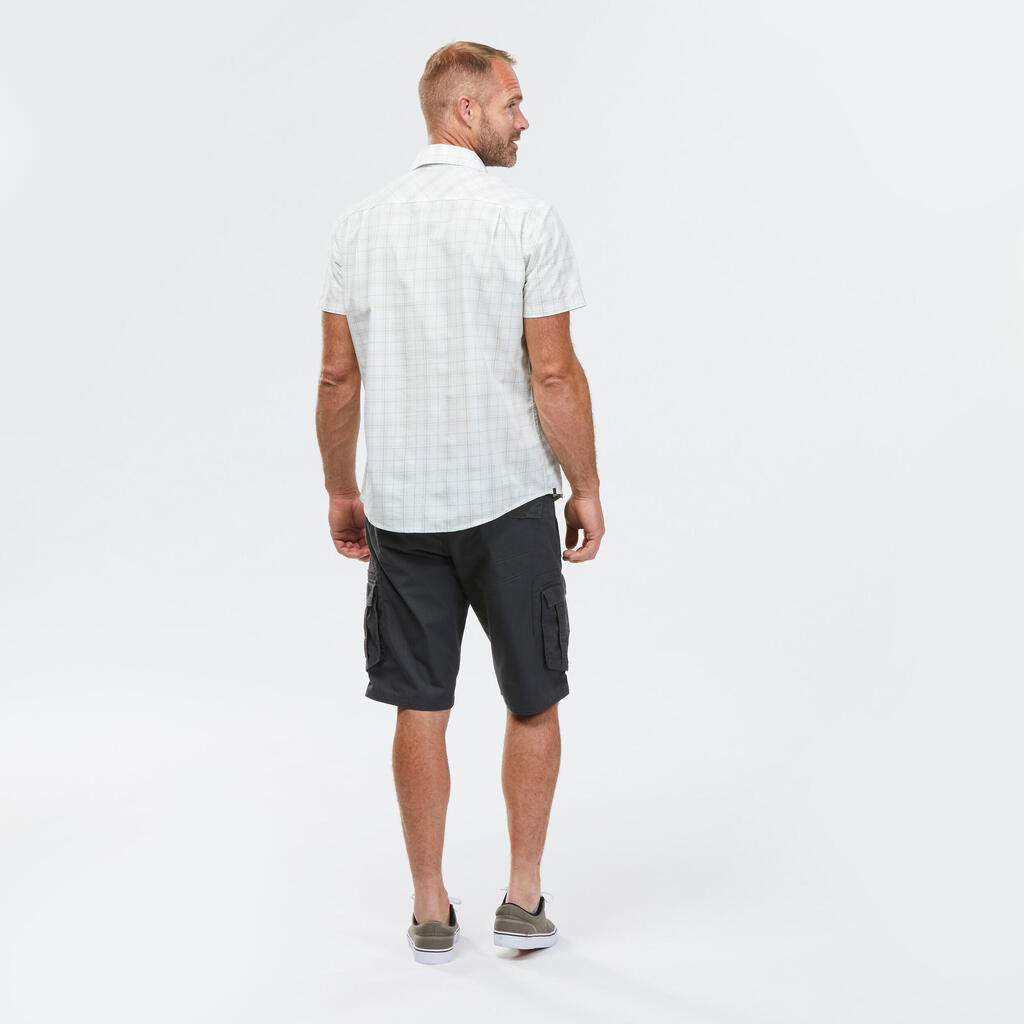 Pánska košeľa Travel 100 na treking s krátkym rukávom károvaná biela