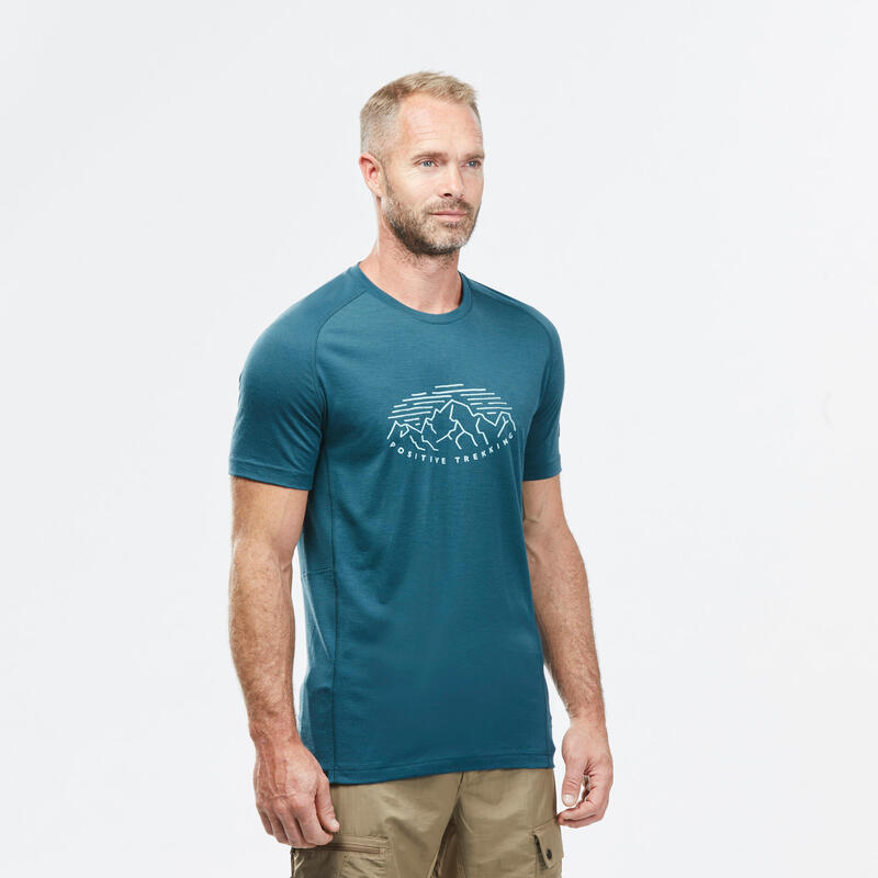 Camiseta de montaña y trekking manga corta lana merina Hombre Forclaz MT500 azul