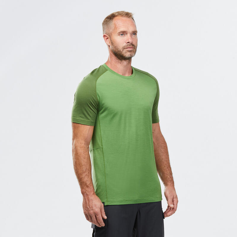 Camiseta montaña y trekking manga corta lana merina Hombre Forclaz MT500 verde
