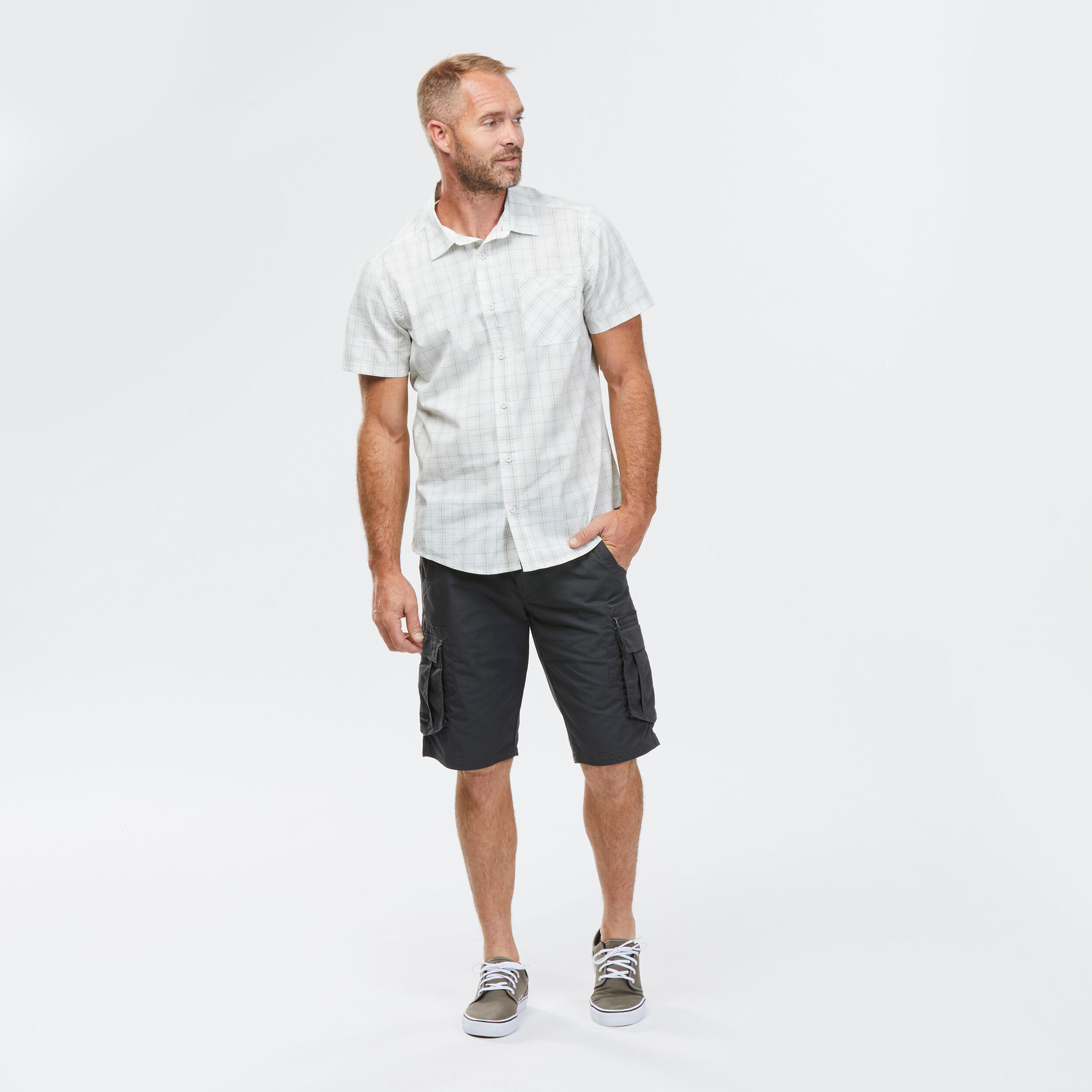Men’s Short-sleeve Check Travel Trekking Shirt TRAVEL 100 - White  4/6
