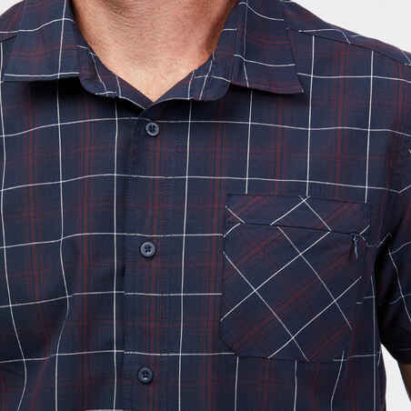 Men’s short-sleeved plaid travel trekking shirt TRAVEL 100 black