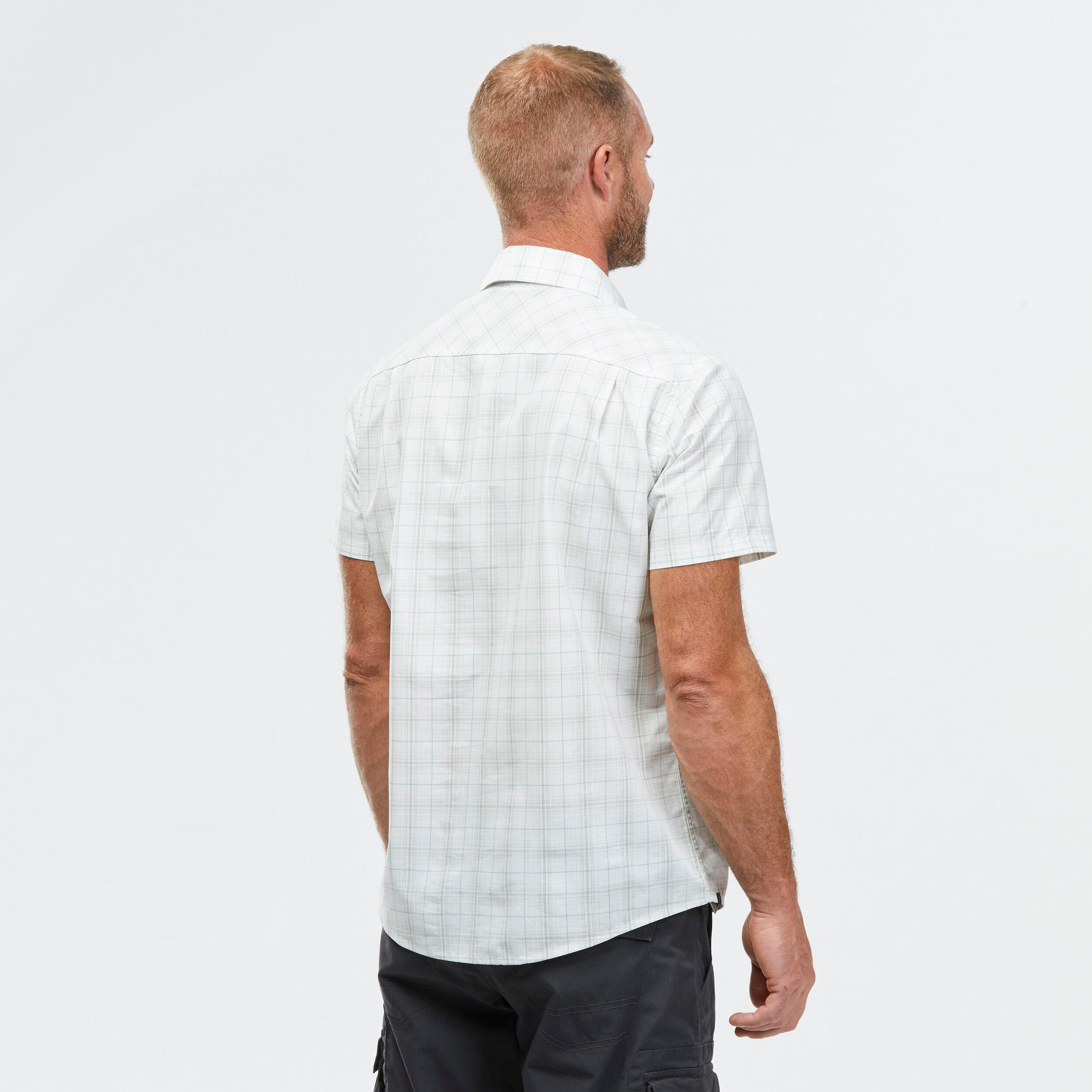 Men’s Short-sleeve Check Travel Trekking Shirt TRAVEL 100 - White  2/6