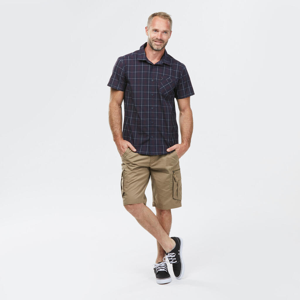 Men’s Short-sleeve Check Travel Trekking Shirt TRAVEL 100 - White 