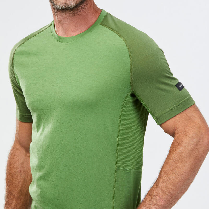 T-shirt lana merinos trekking uomo MT500 WOOL verde