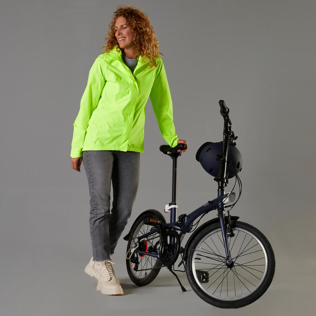 Dámska cyklistická bunda 120 do mesta reflexná žltá pre lepšiu viditeľnosť, OOP