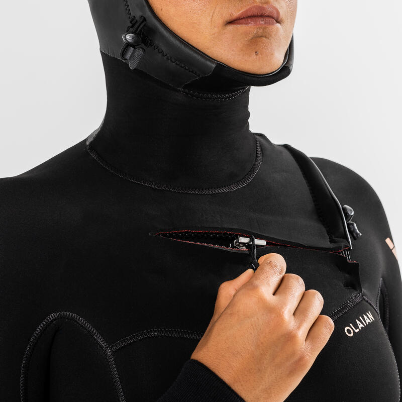 Neoprenanzug Surfen Damen Experten 5/4 mm mit Kopfhaube und Brustreissverschluss