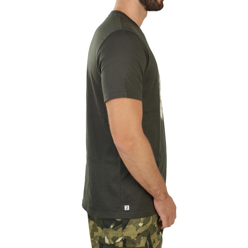 Pánské lovecké bavlněné tričko s krátkým rukávem 100 s potiskem divočáka zelené