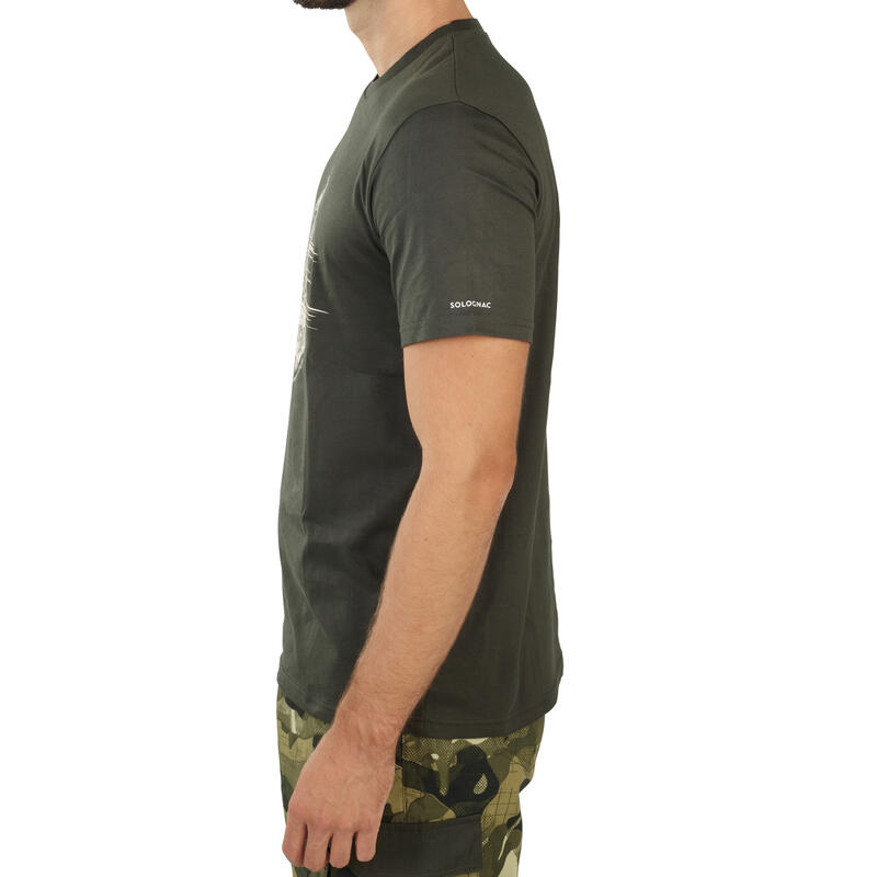 Pánské lovecké bavlněné tričko s krátkým rukávem 100 s potiskem divočáka zelené