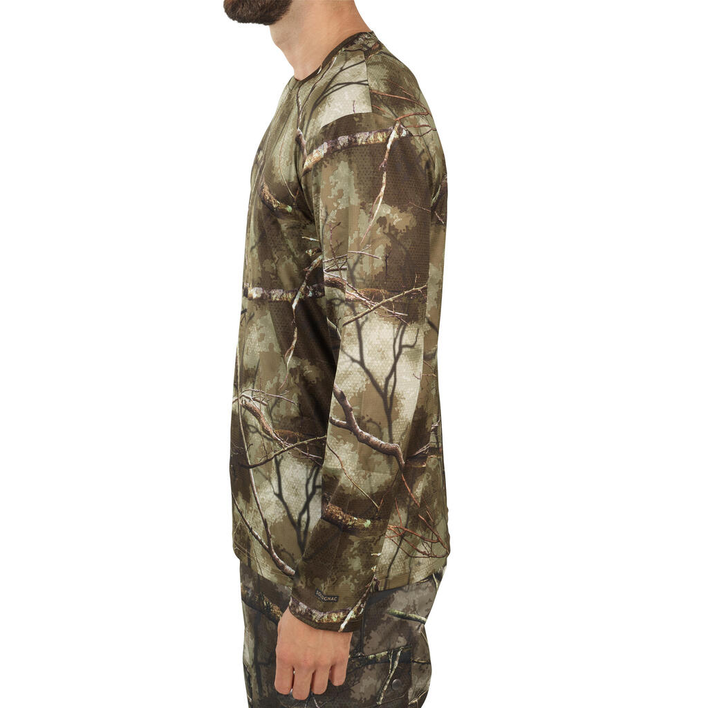 Priedušné poľovnícke tričko 100 s dlhým rukávom maskovanie Treemetic
