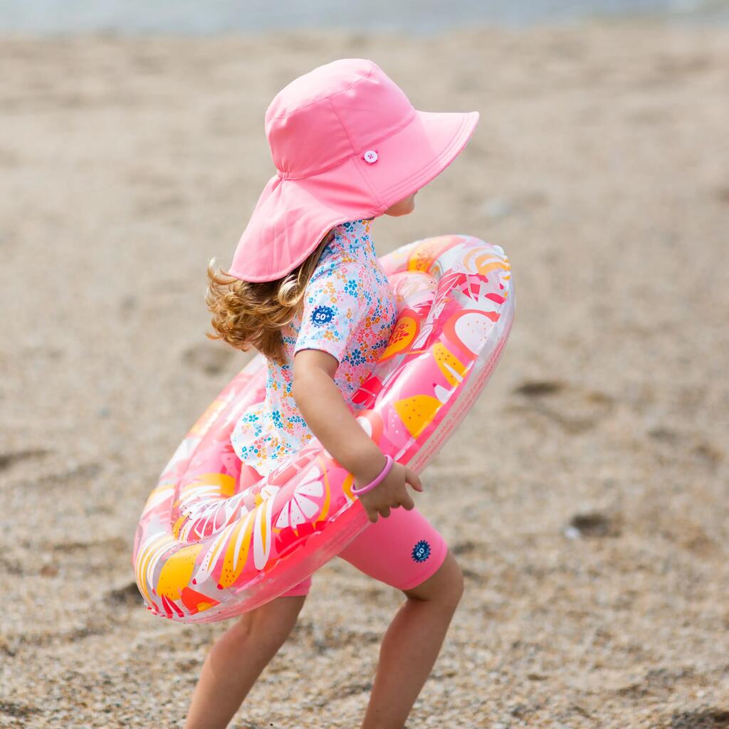 Chapeau anti UV réversible Bébé - corail et imprimés fleurs