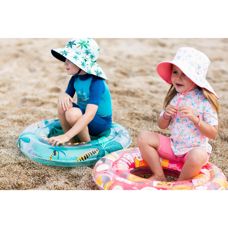 Baby Reversible Anti-UV Hat - Light Pink with Flower Print