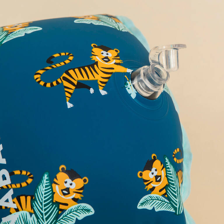 Swimming pool armbands with fabric interior for 15-30 kg kids "Tiger" print Blue