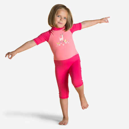 بدلة سباحة بأكمام قصيرة مع حماية من الأشعة فوق البنفسجية للأطفال- نقش وردي