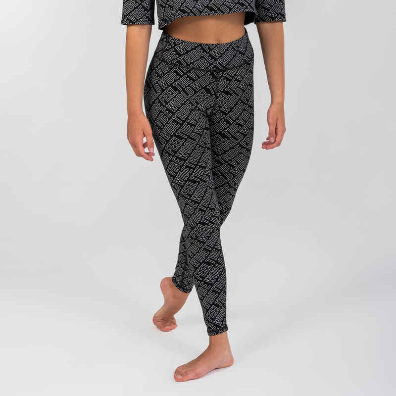 Tanz-Leggings Kinder Modern Dance hoher Taillenbund - mit Print schwarz