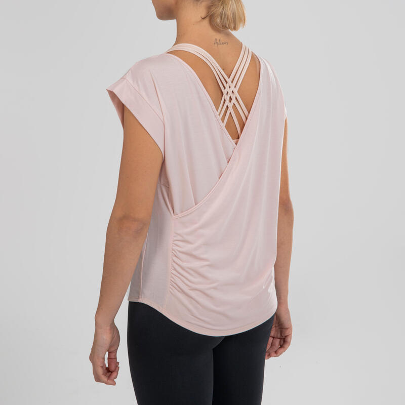 Soepel T-shirt voor moderne dans dames met gekruiste rug roze