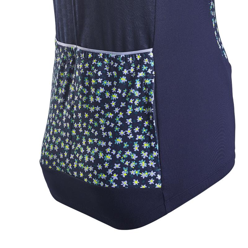 CAMISOLA DE MANGA CURTA DE BICICLETA DE ESTRADA RC500 MULHER AZUL MARINHO FLORAL