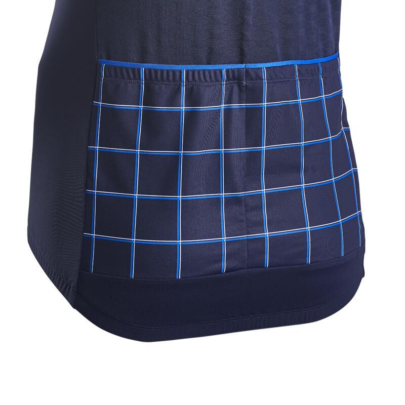 Fietsshirt voor dames RC500 korte mouwen ruiten marineblauw