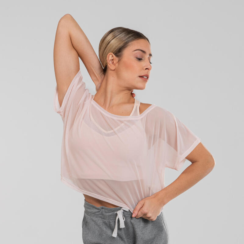 T-shirt Crop Top de Dança Moderna em Malha Perfurada Menina Rosa
