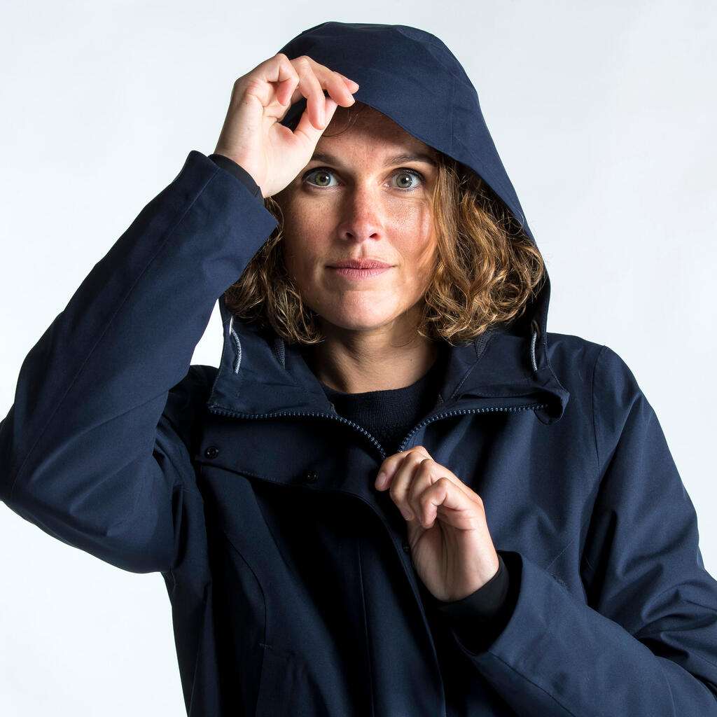 Women's Waterproof Long Sailing Jacket -Oilskin 300 - Navy Blue