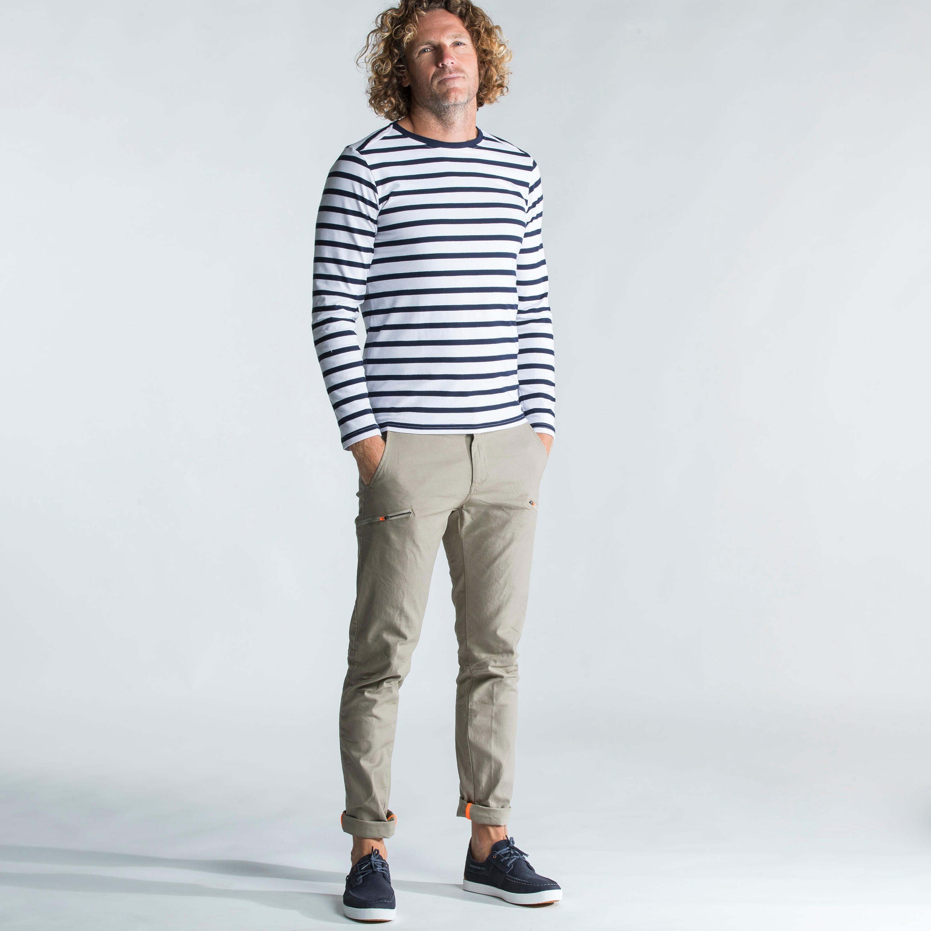 Streepjesshirt voor heren Sailing 100 lange mouwen wit blauw 3/4
