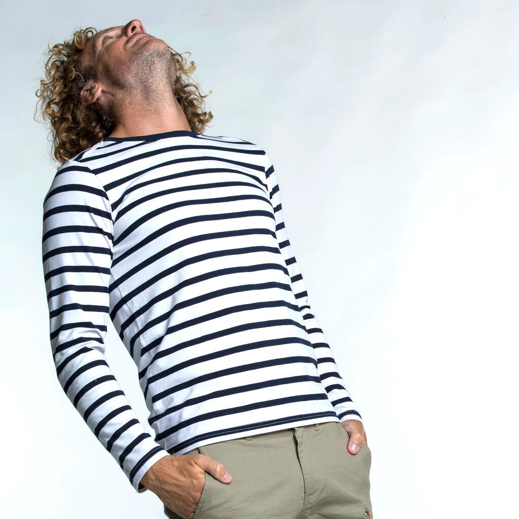 Playera marinera de manga larga blanca con azul para hombre Sailing 100