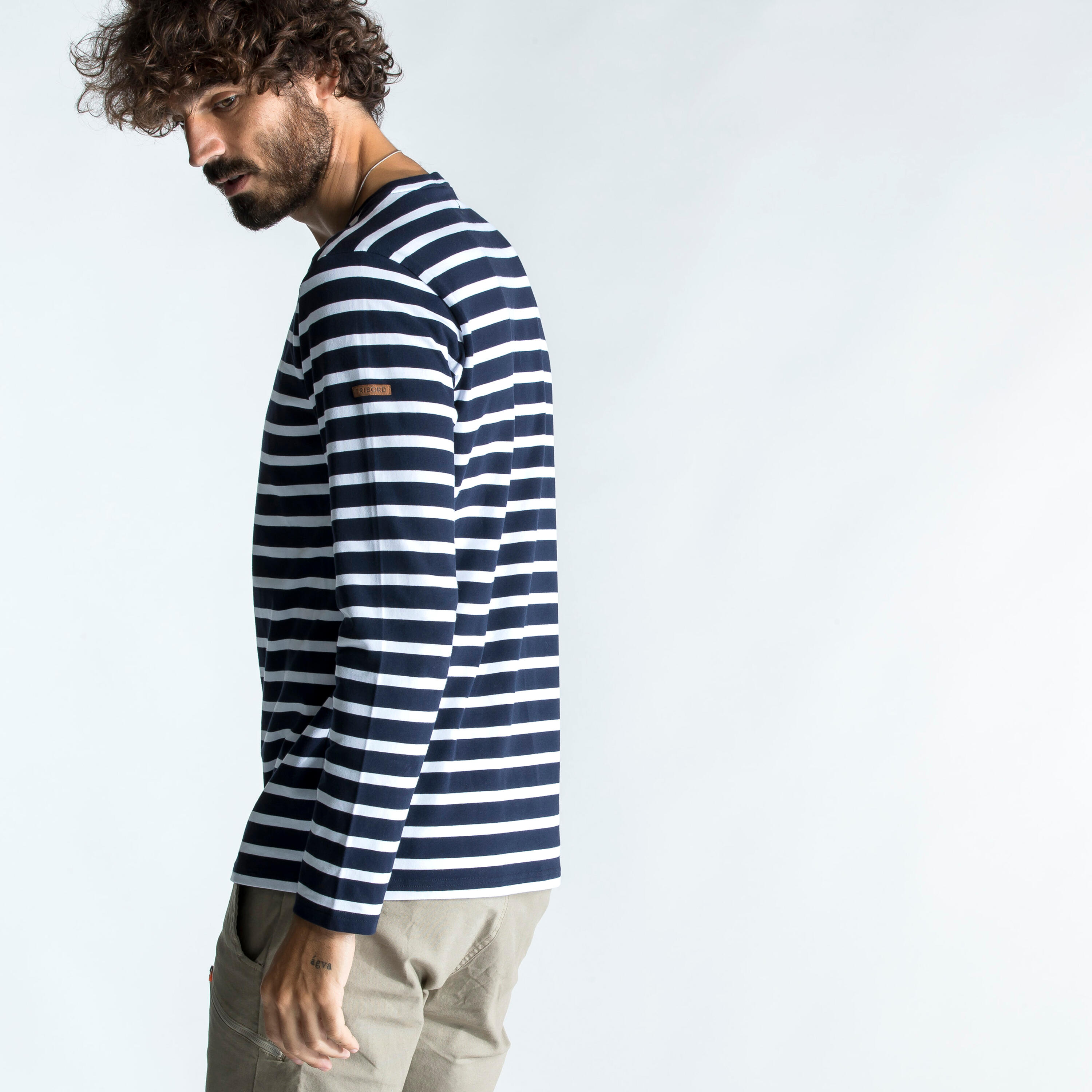 Camiseta vela manga larga marinera Hombre Tribord Saling 100 rayas azul 7/11