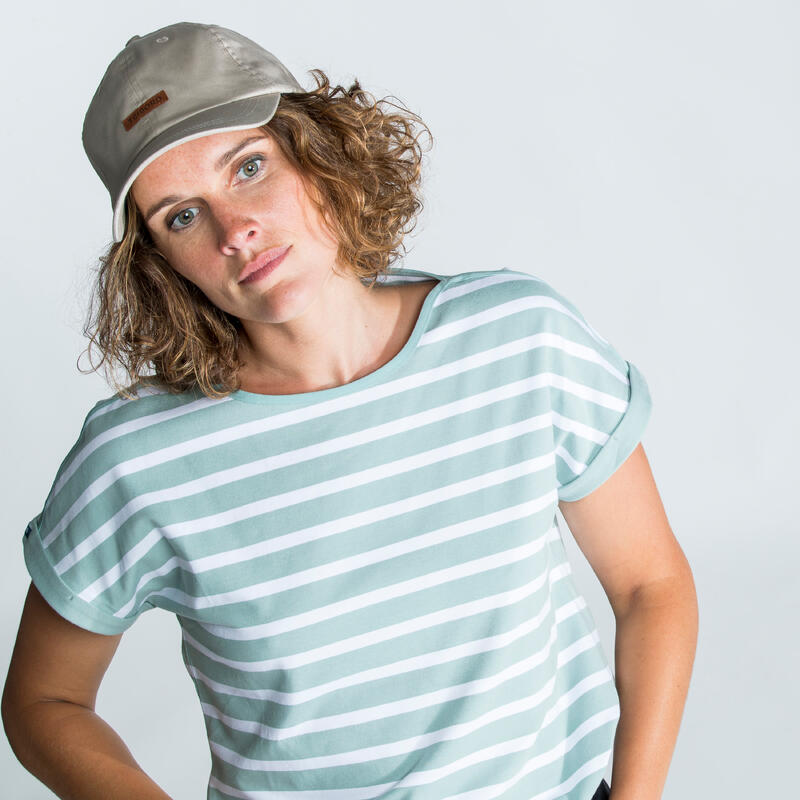 Streepjes-T-shirt met korte mouwen voor zeilen dames Sailing 100 wit/kaki