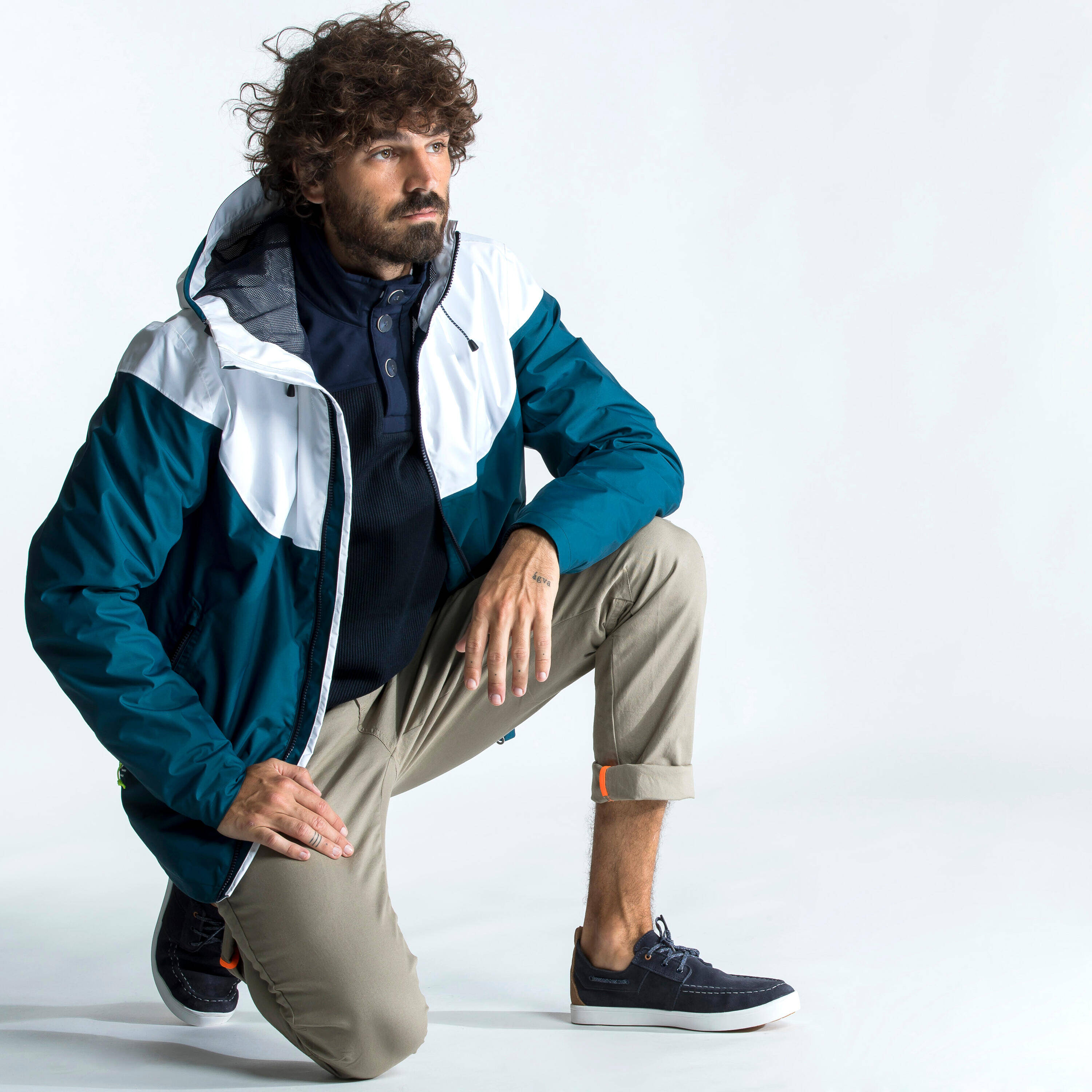 Men Waterproof Jacket 100 Petrol White -  1