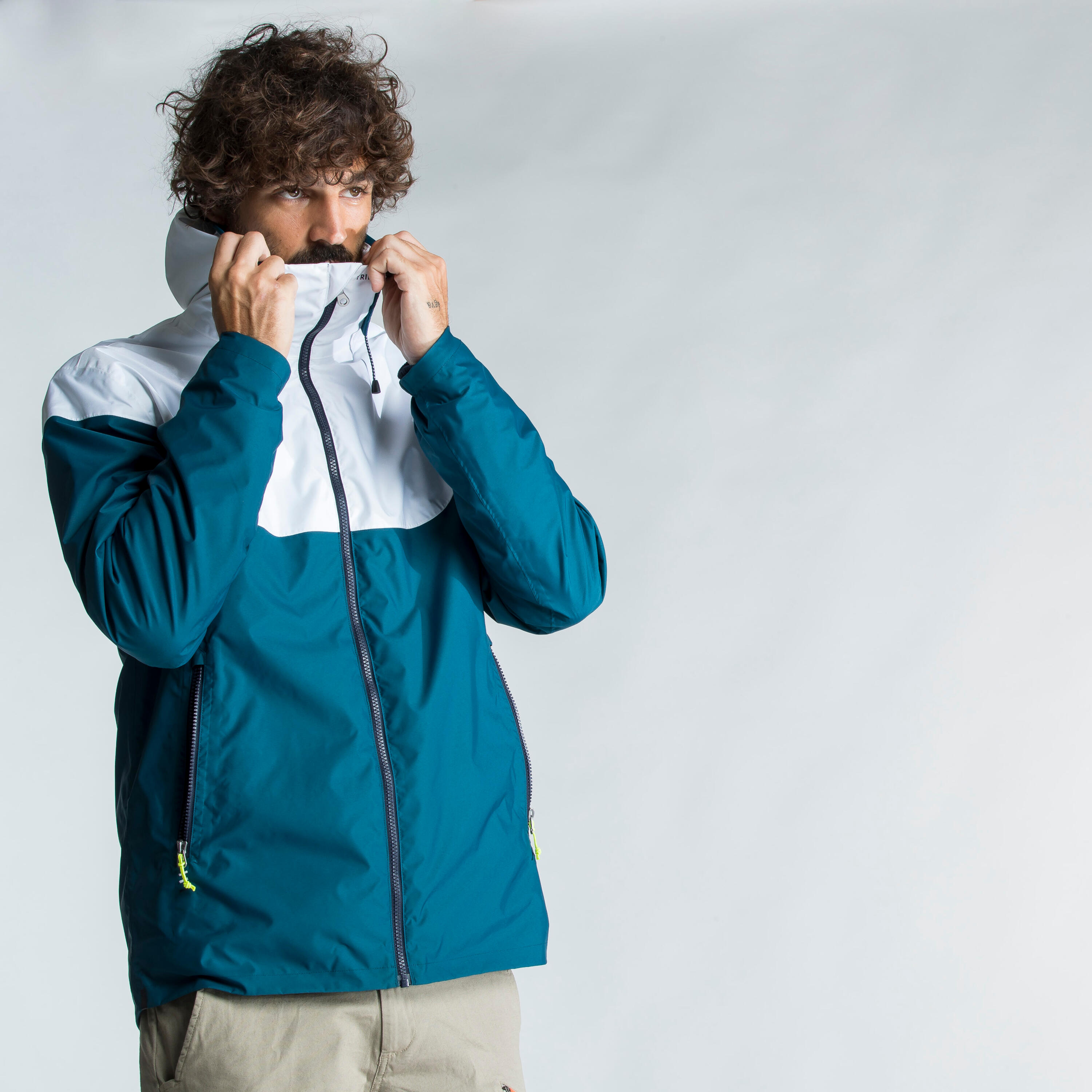 Men Sailing Jacket 100 Waterproof Petrol White