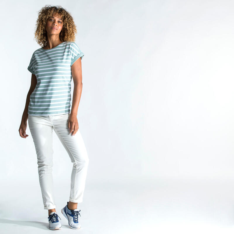 Streepjes-T-shirt met korte mouwen voor zeilen dames Sailing 100 wit/kaki