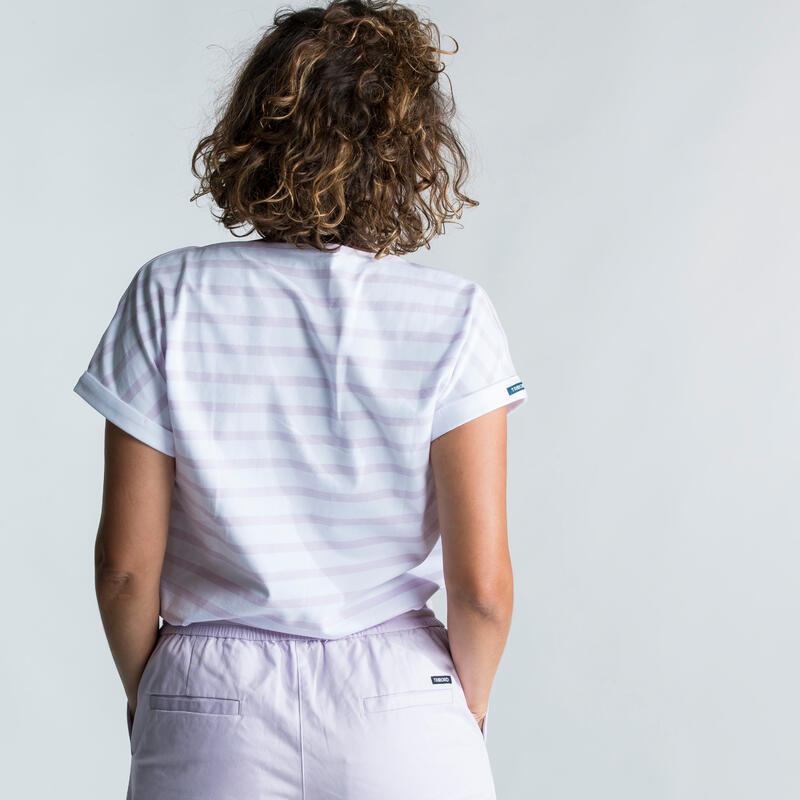 Streepjes-T-shirt met korte mouwen voor zeilen dames Sailing 100 wit/lavendel